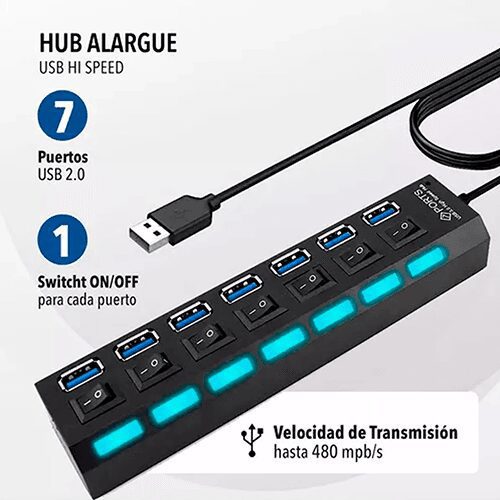 Hub Multiplicador Usb 7 Puertos Usb 2.0 C/ Switch Onoff - Imagen 3