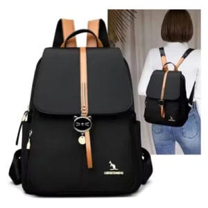 Mochila Urbana Negra Impermeable con Detalles en Cuero y Llavero Gatito 🐱💧